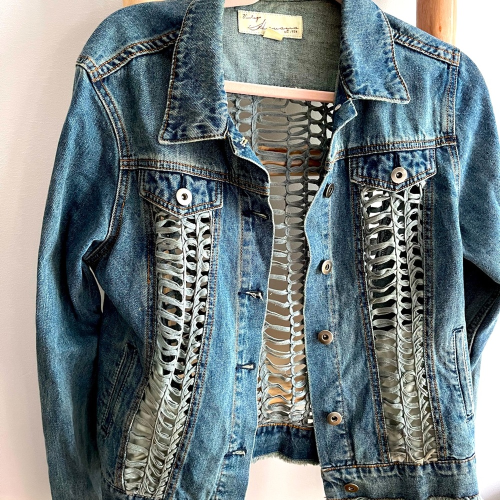 Vintage Havana Denim Jacket with Cut-Out Embroidery